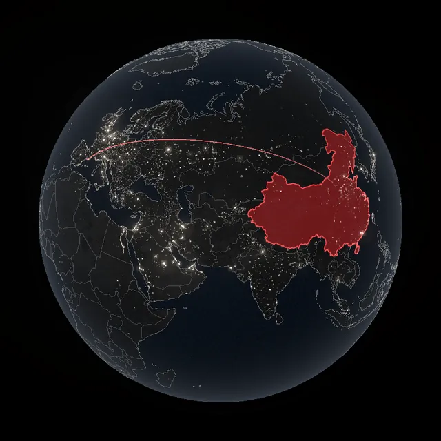 Globe with China highlighted in red and an arc to Barcelona