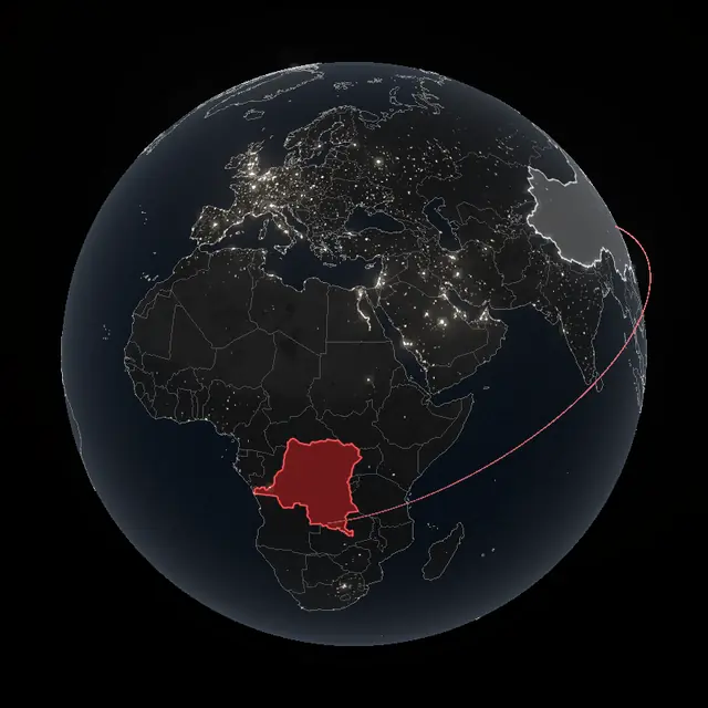 Globe with the Democratic Republic of the Congo highlighted in red and an arc to China