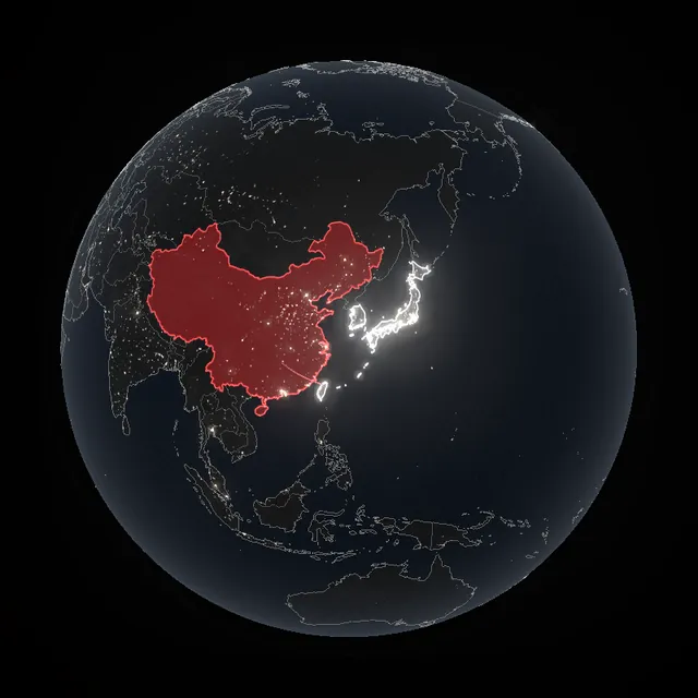 Globe with China highlighted in red, and Taiwan, South Korea and Japan in white